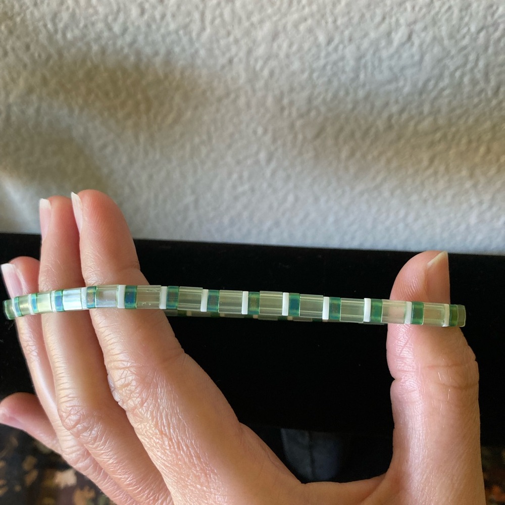 Green and White Miyuki Tila Bead Anklet